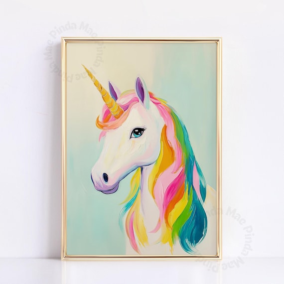 Rainbow Unicorn Oil Painting Pastel Mane Kids Room Art Poster