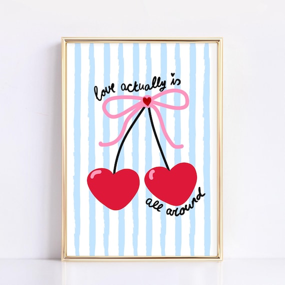 Trendy Valentine Pink Bow Print Coquette Valentine Wall Art Retro Cherry Poster Handdrawn Print Cute Blue Red Valentines Day Decor Love