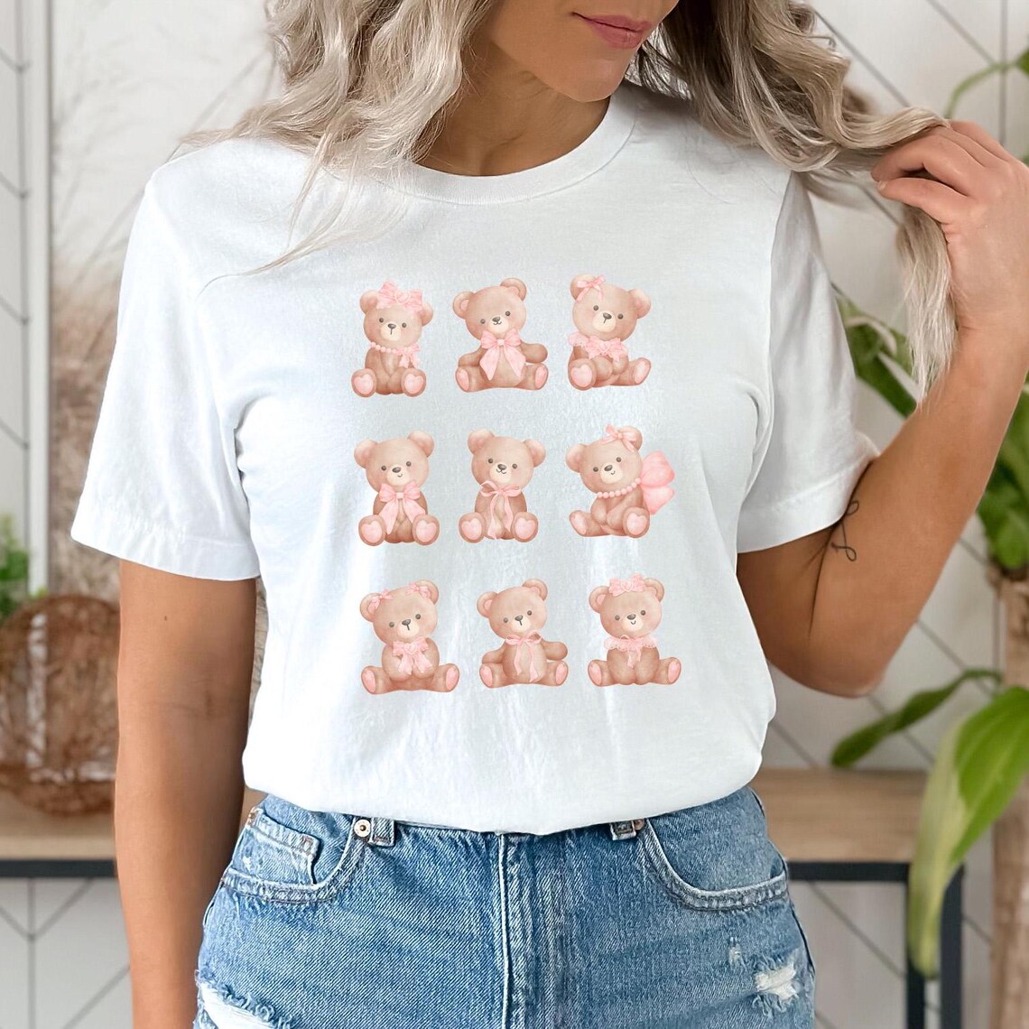 Coquette Pink Teddy Bear Grid Graphic Design Cute Bear Tshirt Poster