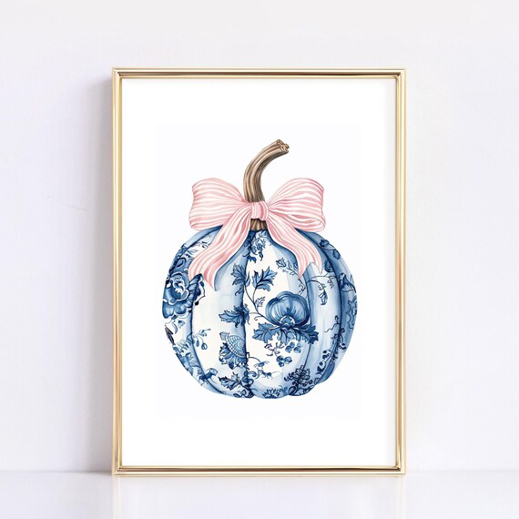 Blue Chinoiserie Pumpkin Pink Bow Watercolor Elegant Fall Harvest Poster