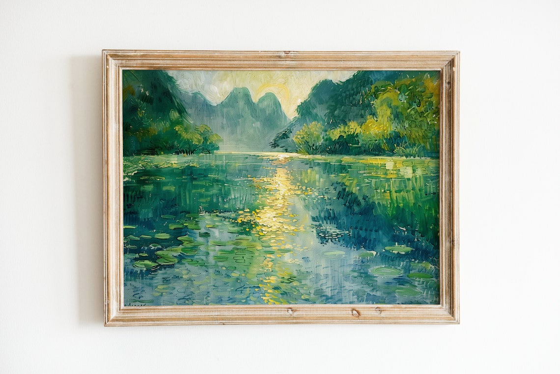 Emerald Lake And Karst Mountains Impressionist Oil Painting Poster