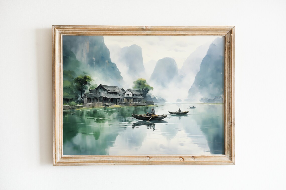 Misty Karst Mountains With Fishing Boats Watercolor Landscape Poster