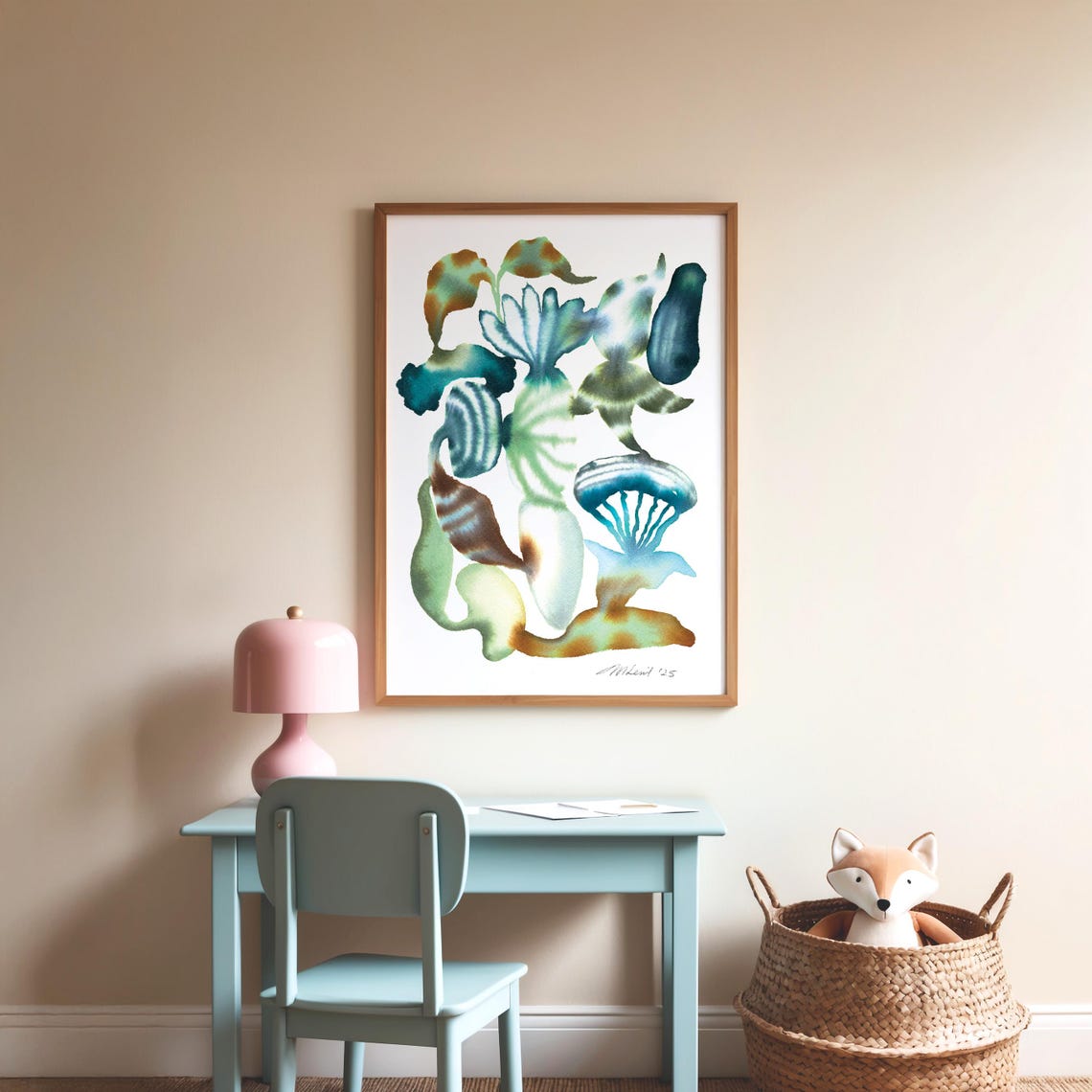 Teal Rust Botanical Watercolor Shell Forms Abstract Art Poster - Image 3