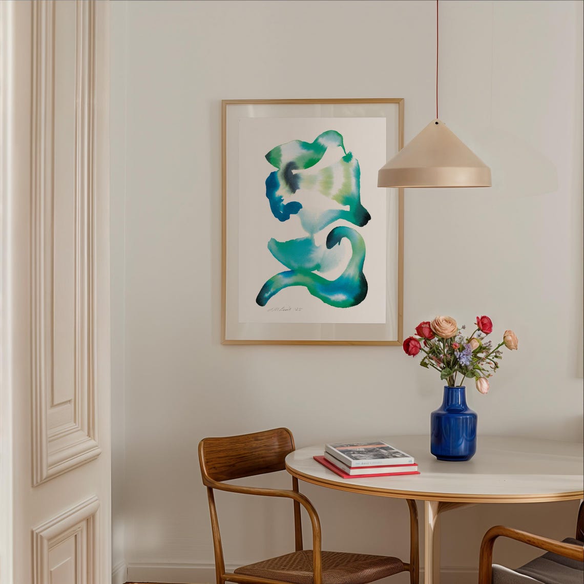 Teal Blue Swirling Organic Watercolor Abstract Forms Art Poster - Image 2