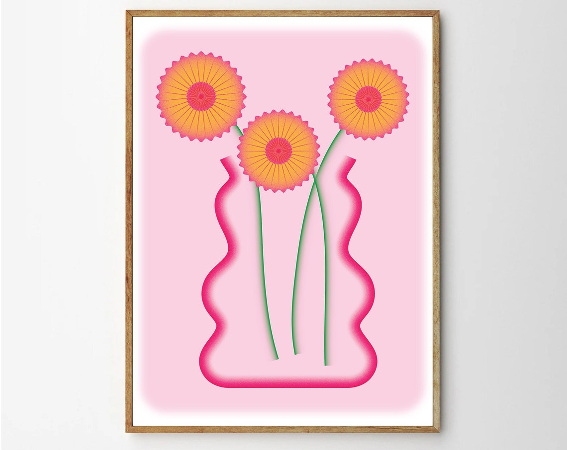 Coral Gerbera Daisies Wavy Magenta Vase Retro Floral Art Poster