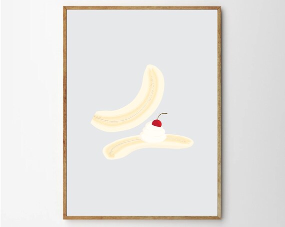 Banana Split with Cherry Cream Minimalist Dessert Illustration Poster