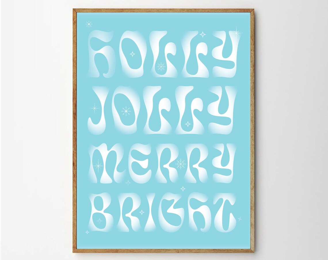 Holly Jolly Merry Bright Retro Christmas Typography Poster In Frosty Blue