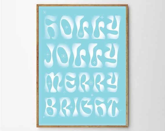 Holly Jolly Merry Bright Retro Christmas Typography Poster In Frosty Blue