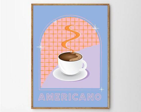Retro Americano Coffee Cup Poster In Pastel Blue And Pink Kitchen Decor