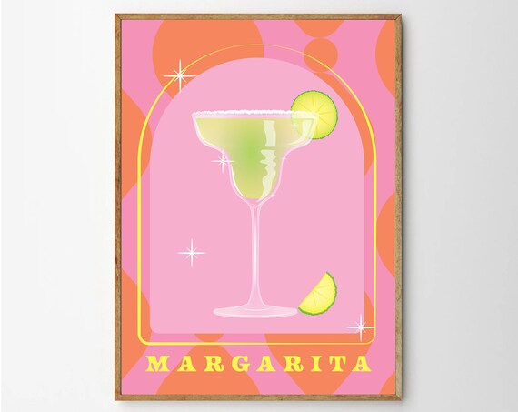 Retro Margarita Cocktail Poster With Lime On Pink Bar Cart Decor