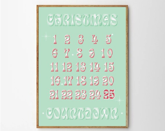 Christmas Countdown Advent Poster In Retro Mint Green Typography Art
