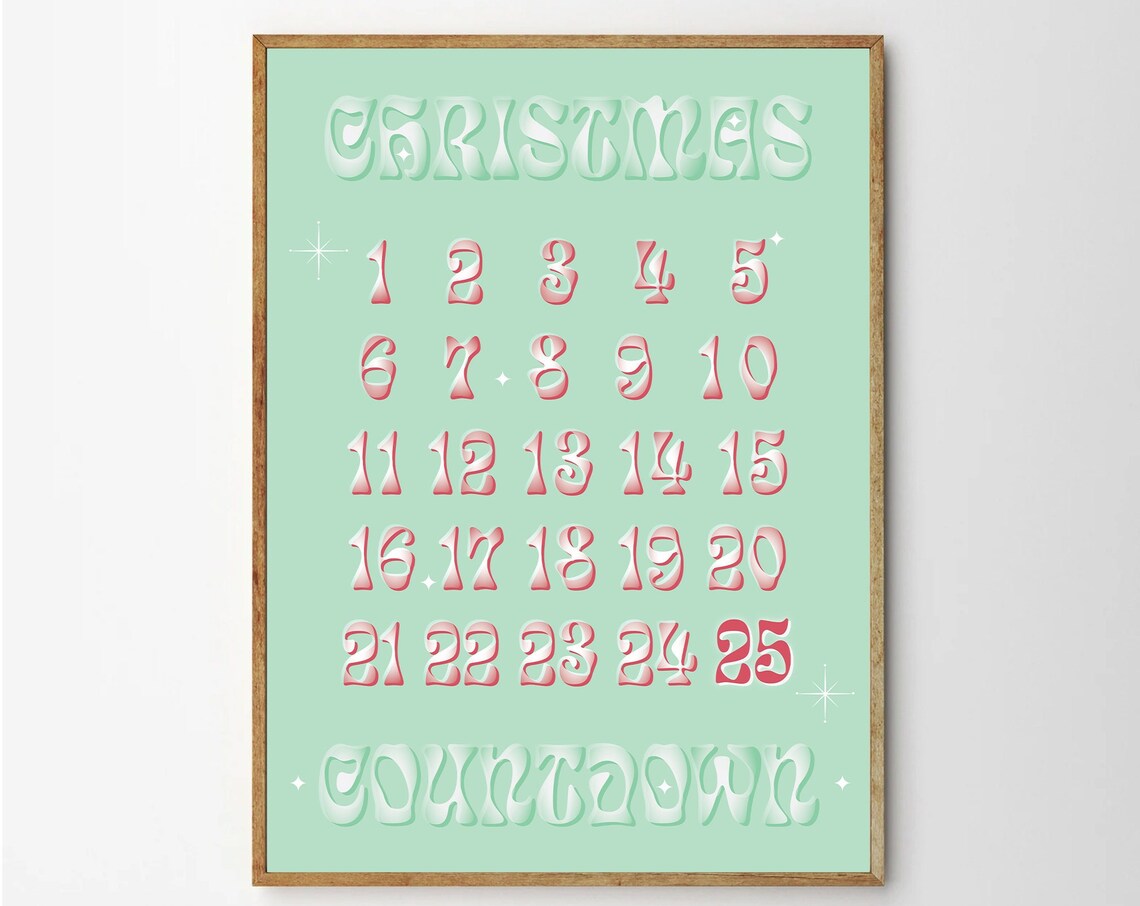 Christmas Countdown Advent Poster In Retro Mint Green Typography Art