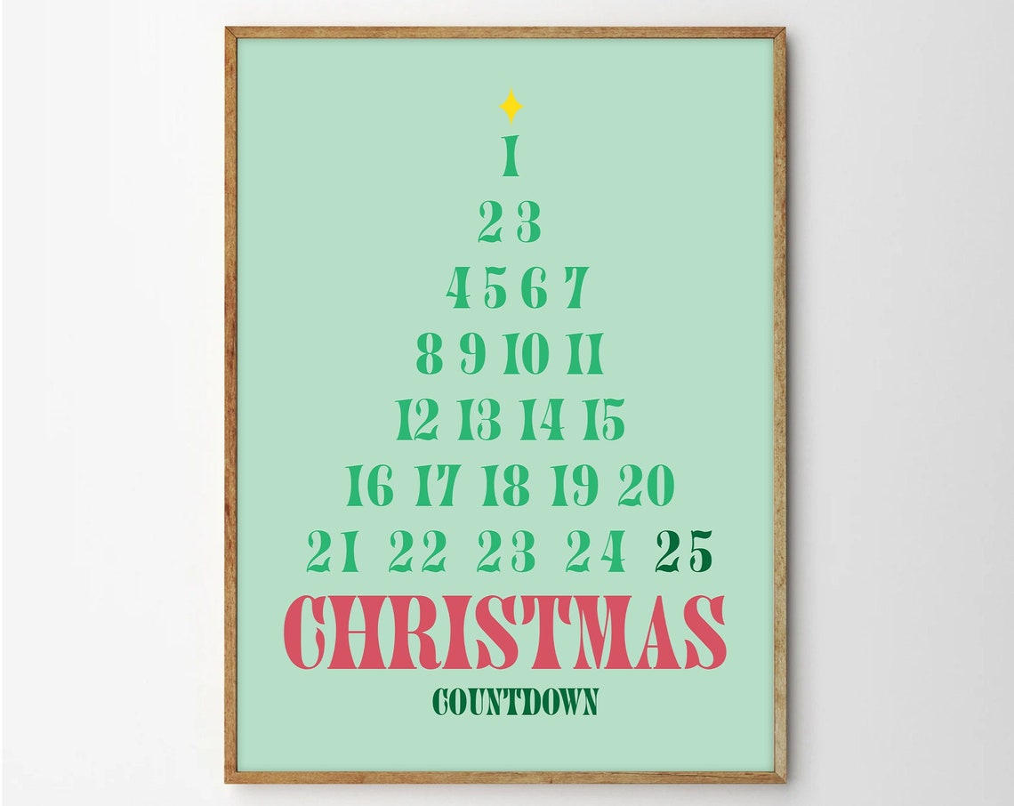 Christmas Countdown Tree Poster With Numbered Branches In Mint Green