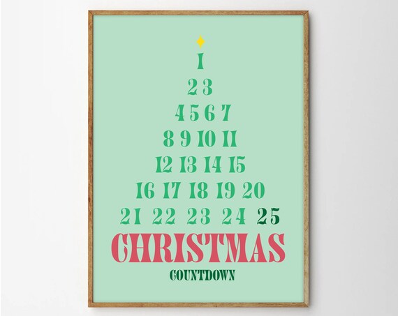 Christmas Countdown Tree Poster With Numbered Branches In Mint Green