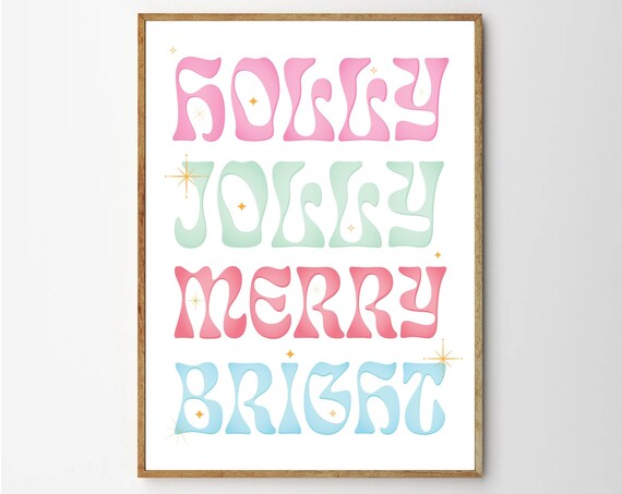 Holly Jolly Merry Bright Pastel Groovy Christmas Word Art Poster