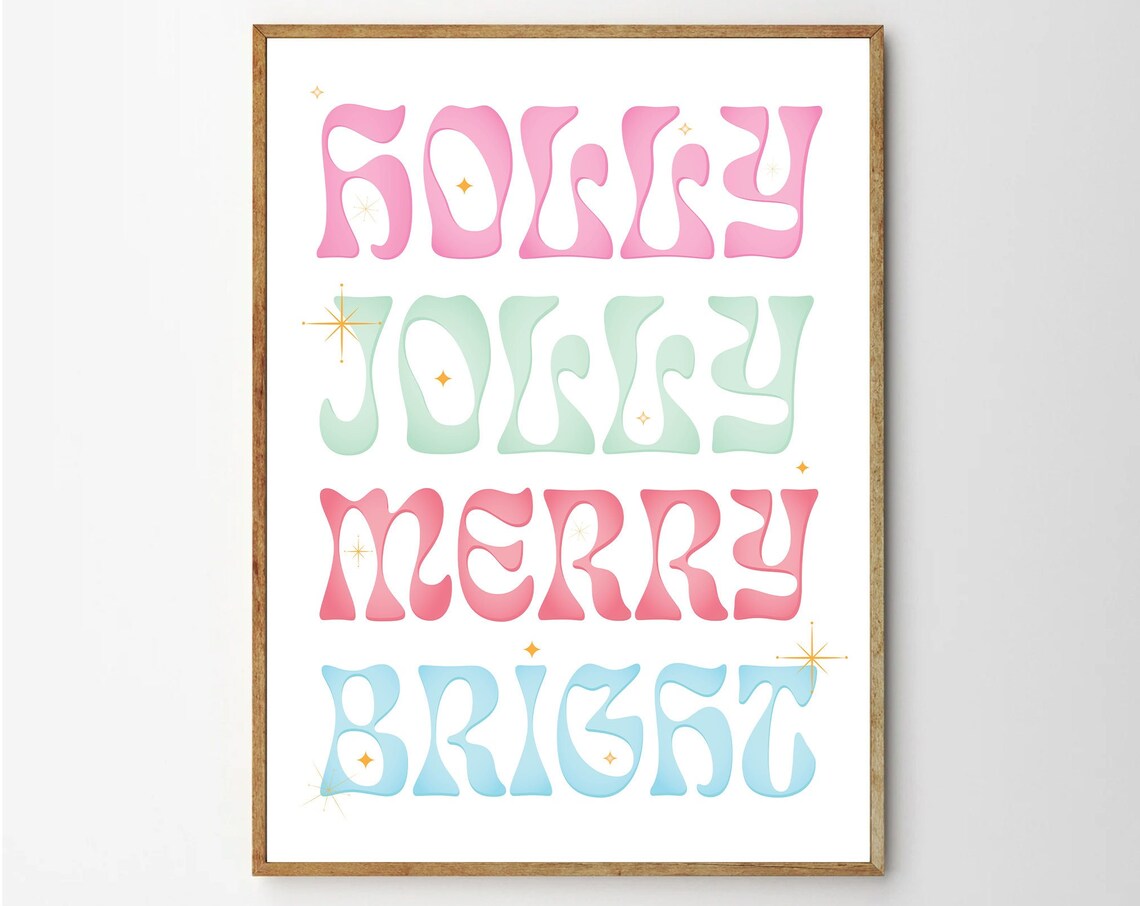 Holly Jolly Merry Bright Pastel Groovy Christmas Word Art Poster