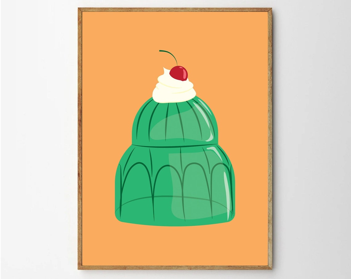 Green Jelly Dessert With Cherry Cream Retro Kitchen Fun Poster