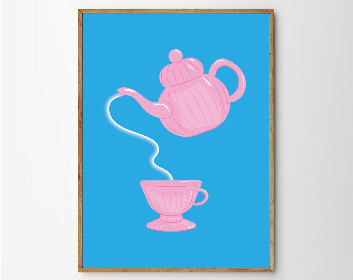 Pink Teapot Pouring Tea Electric Blue Background Kitchen Poster