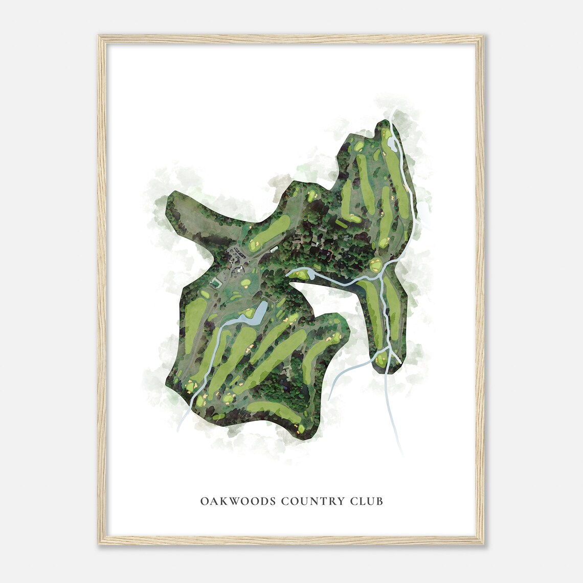 Oakwoods Country Club Classic Aerial Watercolor Fairway Map Poster