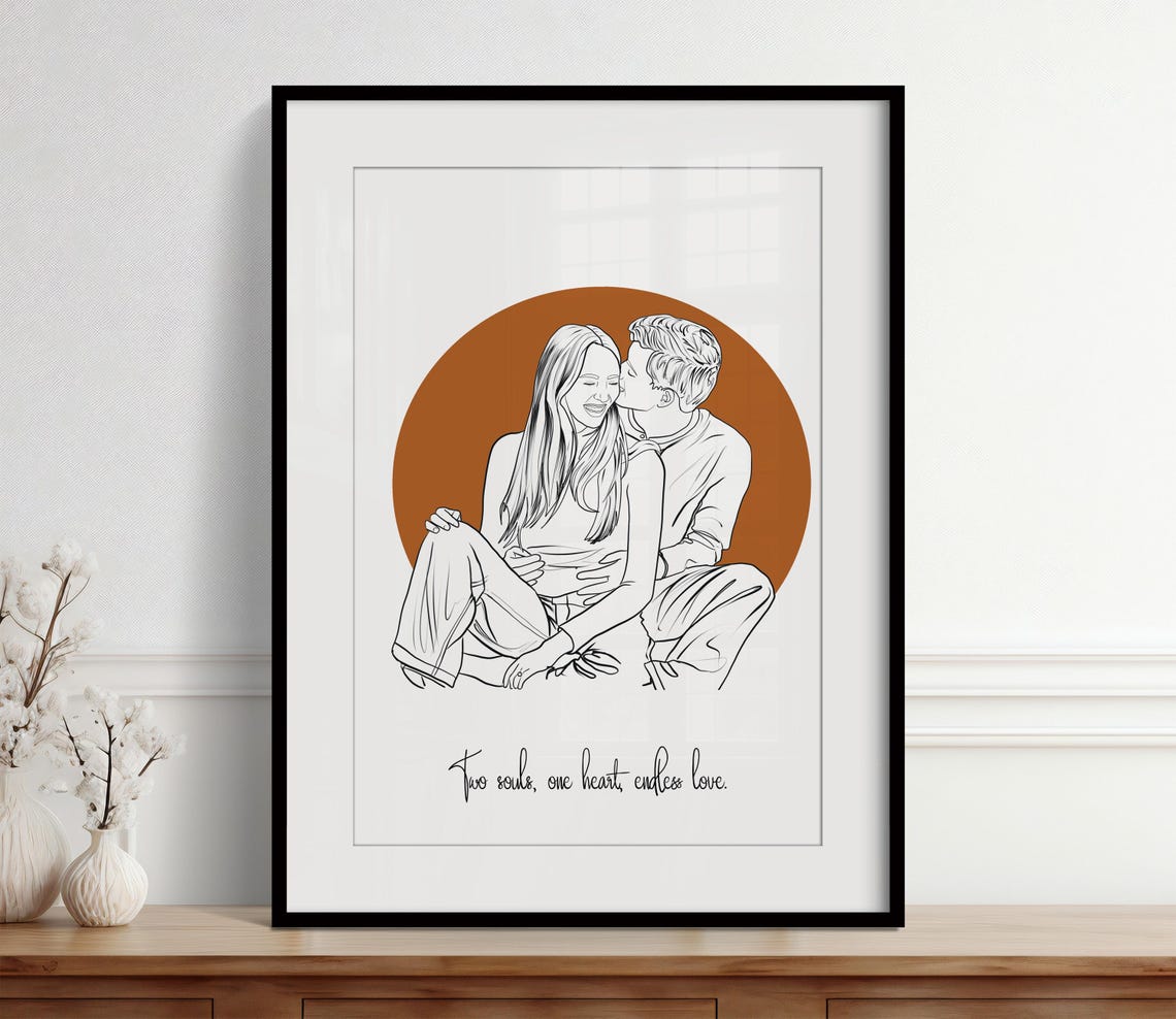 Parents and Son Terracotta Background Custom Line Portrait Poster - Image 2