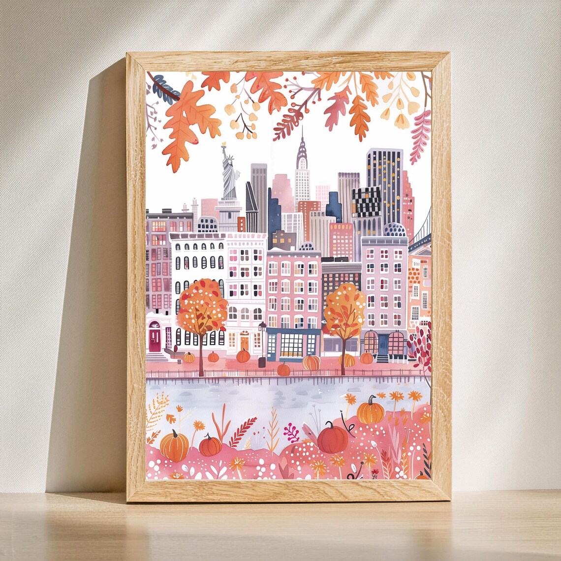Autumn New York City Skyline Pastel Illustration Poster Pink
