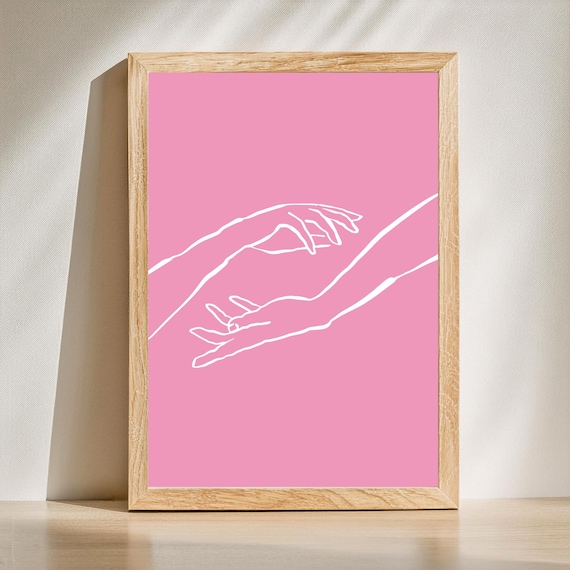 Pink Background Reaching Hands White Line Art Minimalist Poster