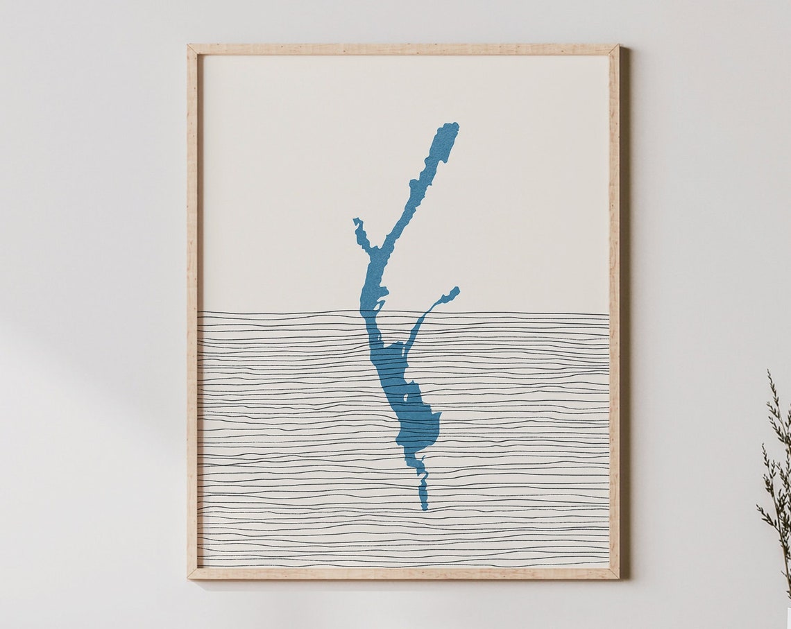 Lake Memphremagog Blue Map Minimalist Line Art Lakehouse Poster