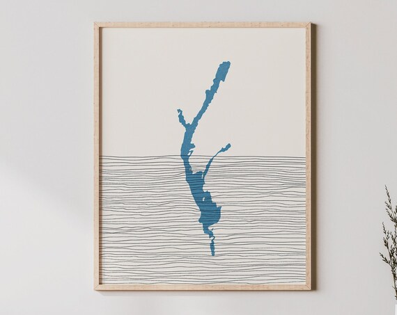 Lake Memphremagog Blue Map Minimalist Line Art Lakehouse Poster