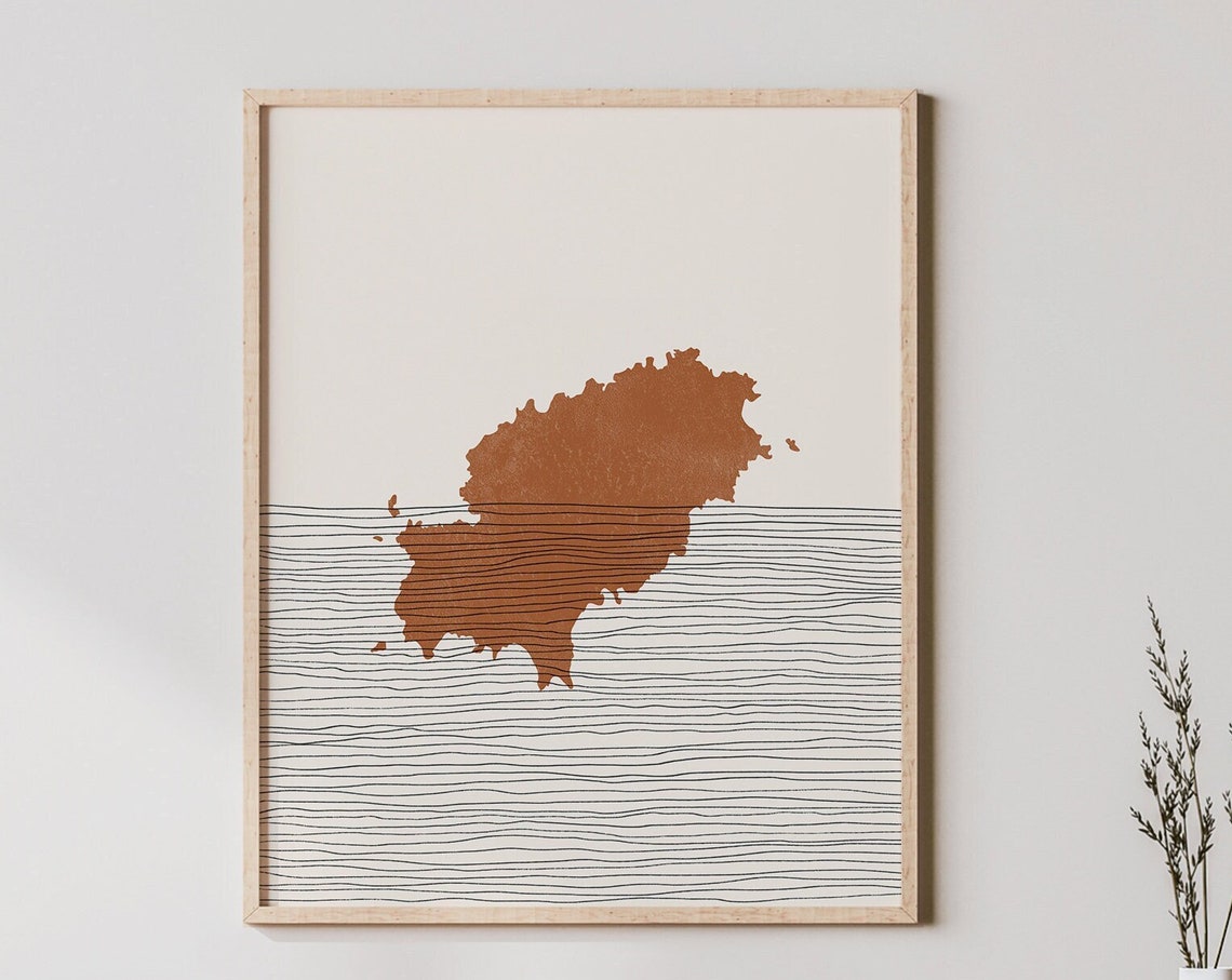 Ibiza Island Boho Outline Map Art Spain Travel Wall Poster Decor