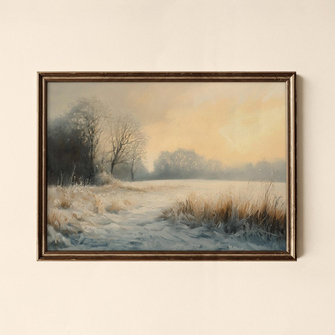 Frosty Field At Dawn Misty Trees Vintage Winter Scene Poster