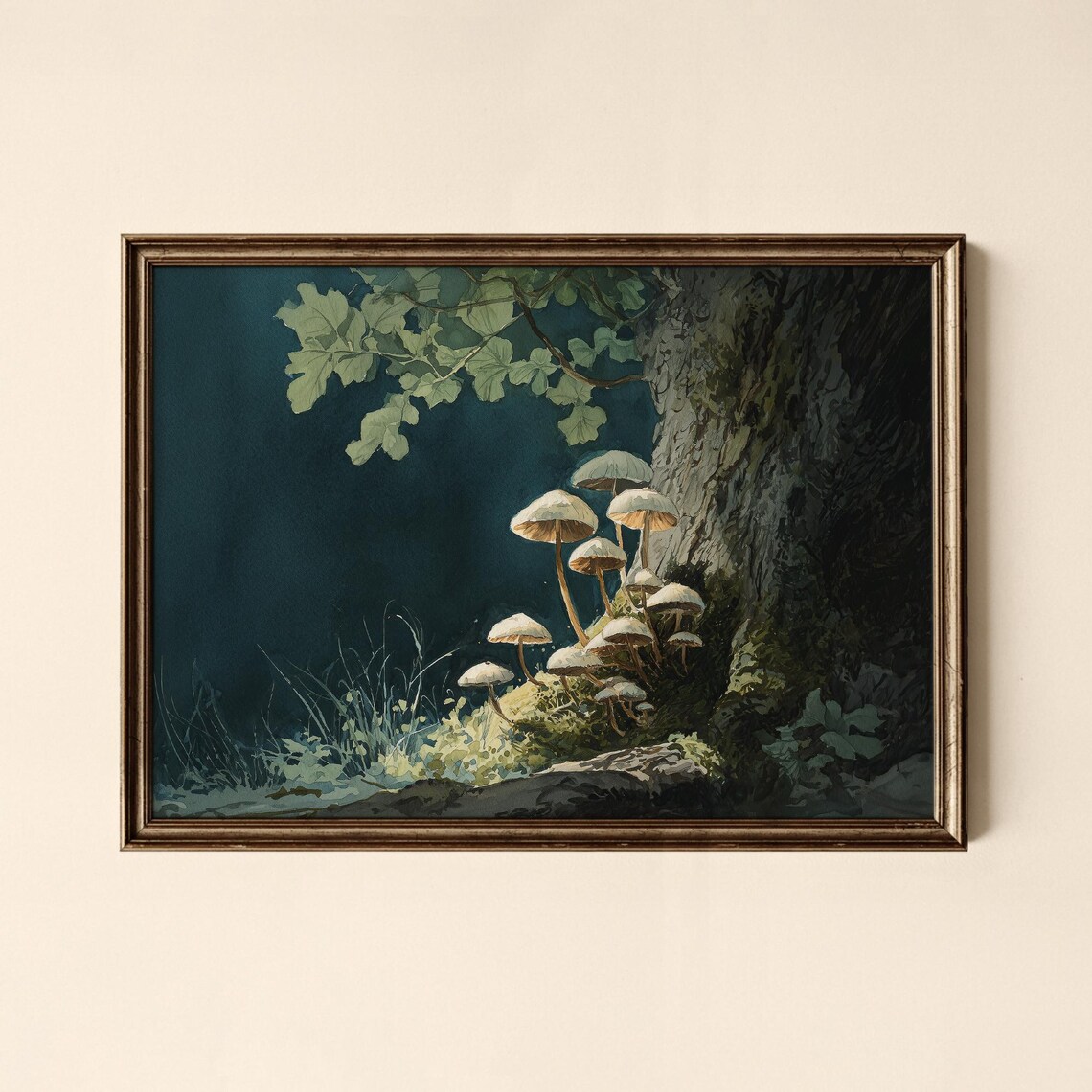 Moonlit Mushrooms at a Tree Trunk Dark Forest Watercolor Art Poster