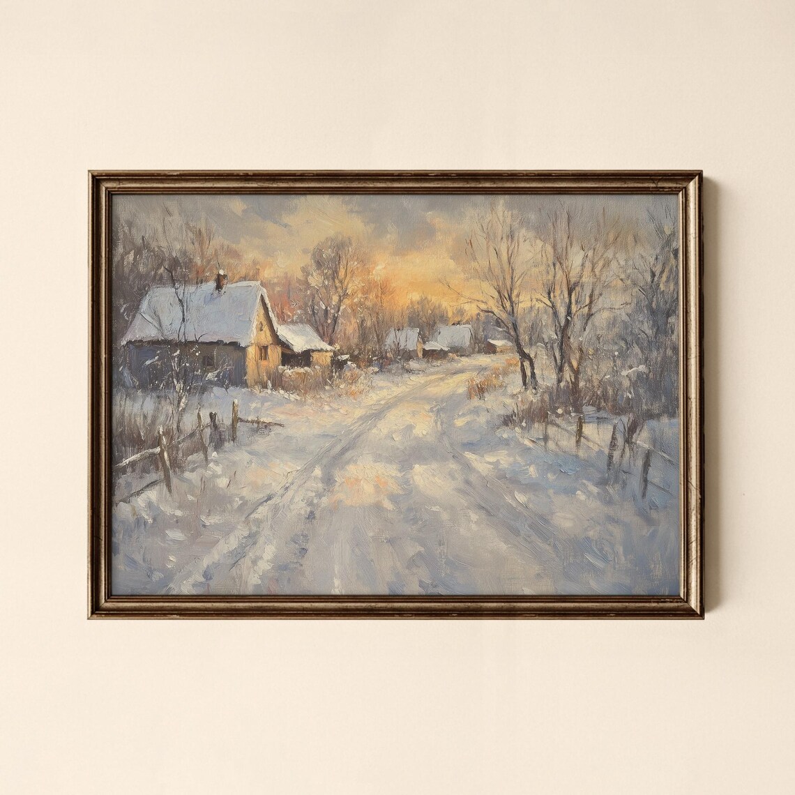 Snowy Winter Village Cottage At Sunset Vintage Landscape Print