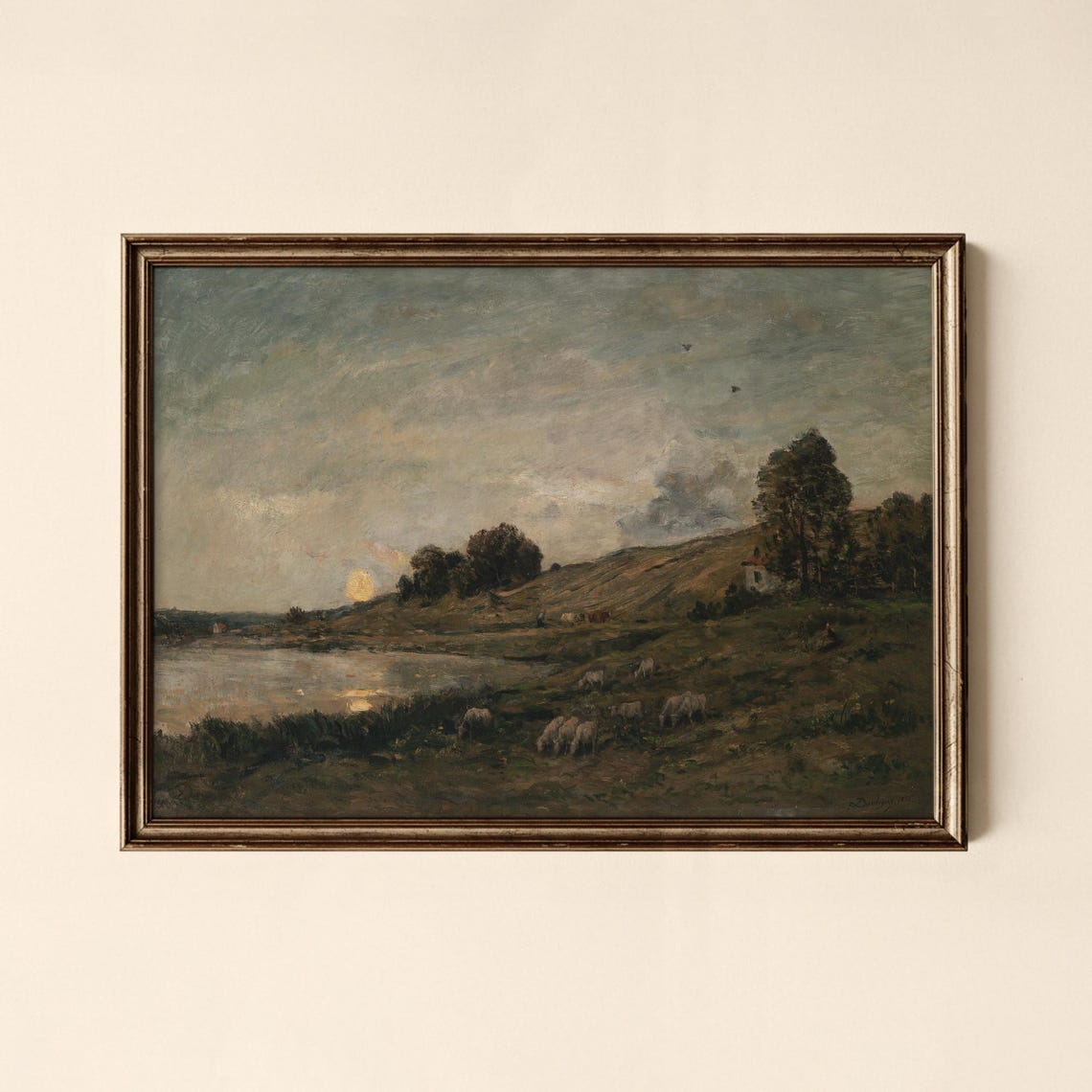 Sheep Grazing At Sunset By The Lake Vintage Pastoral Painting Poster