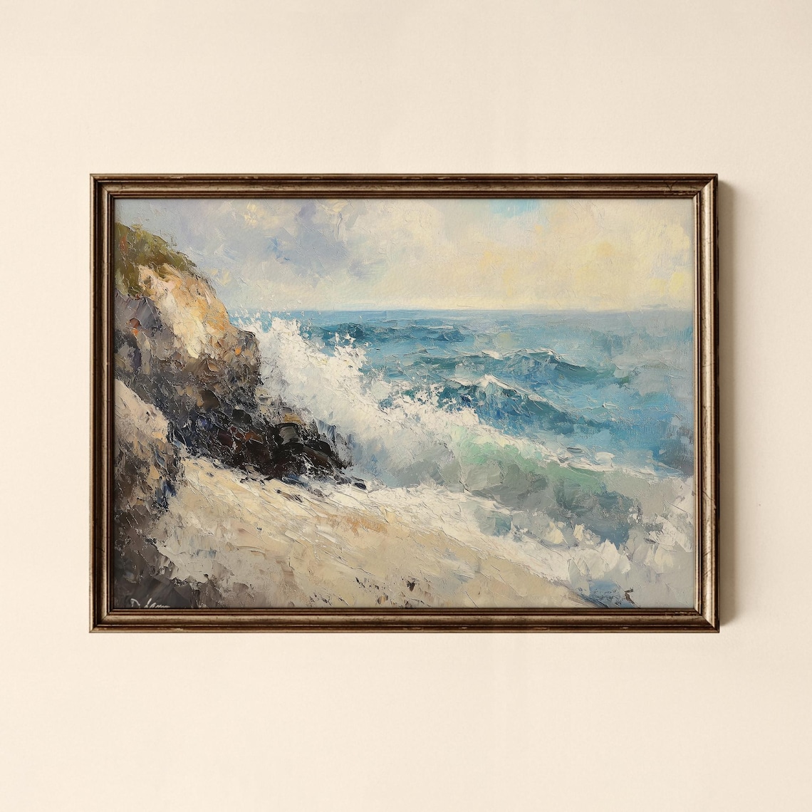 Ocean Waves Crashing on Rocky Cliffs Coastal Seascape Oil Painting Print