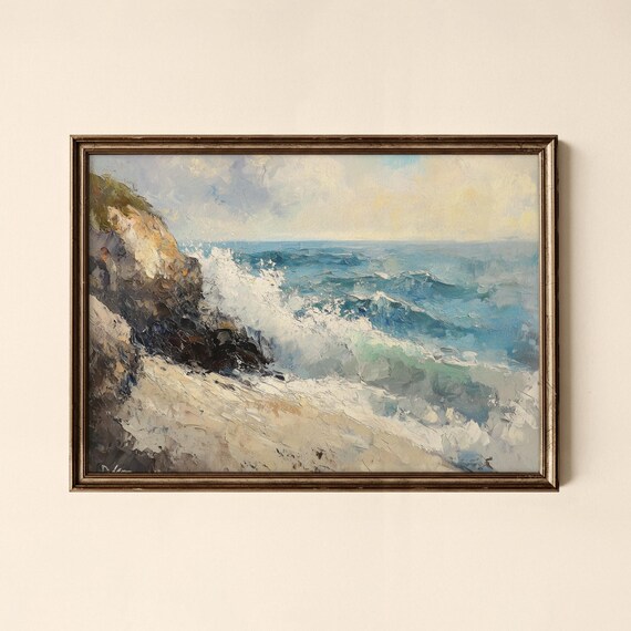 Ocean Waves Crashing on Rocky Cliffs Coastal Seascape Oil Painting Print