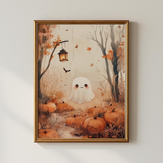 Cute Baby Ghost Among Pumpkins With Hanging Lantern Halloween Art Print
