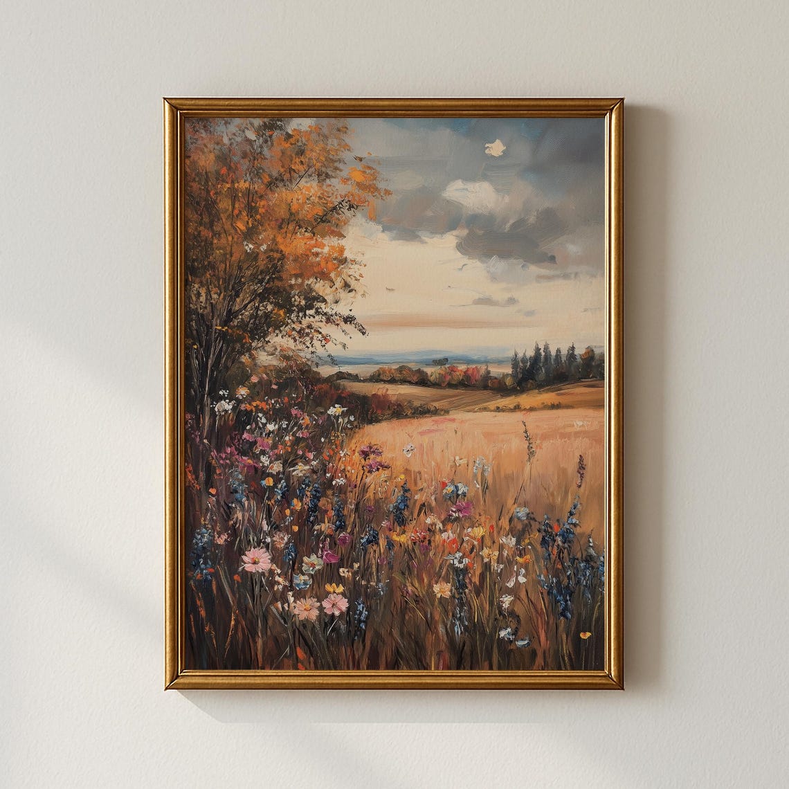 Autumn Wildflower Meadow Golden Vintage Landscape Painting Poster