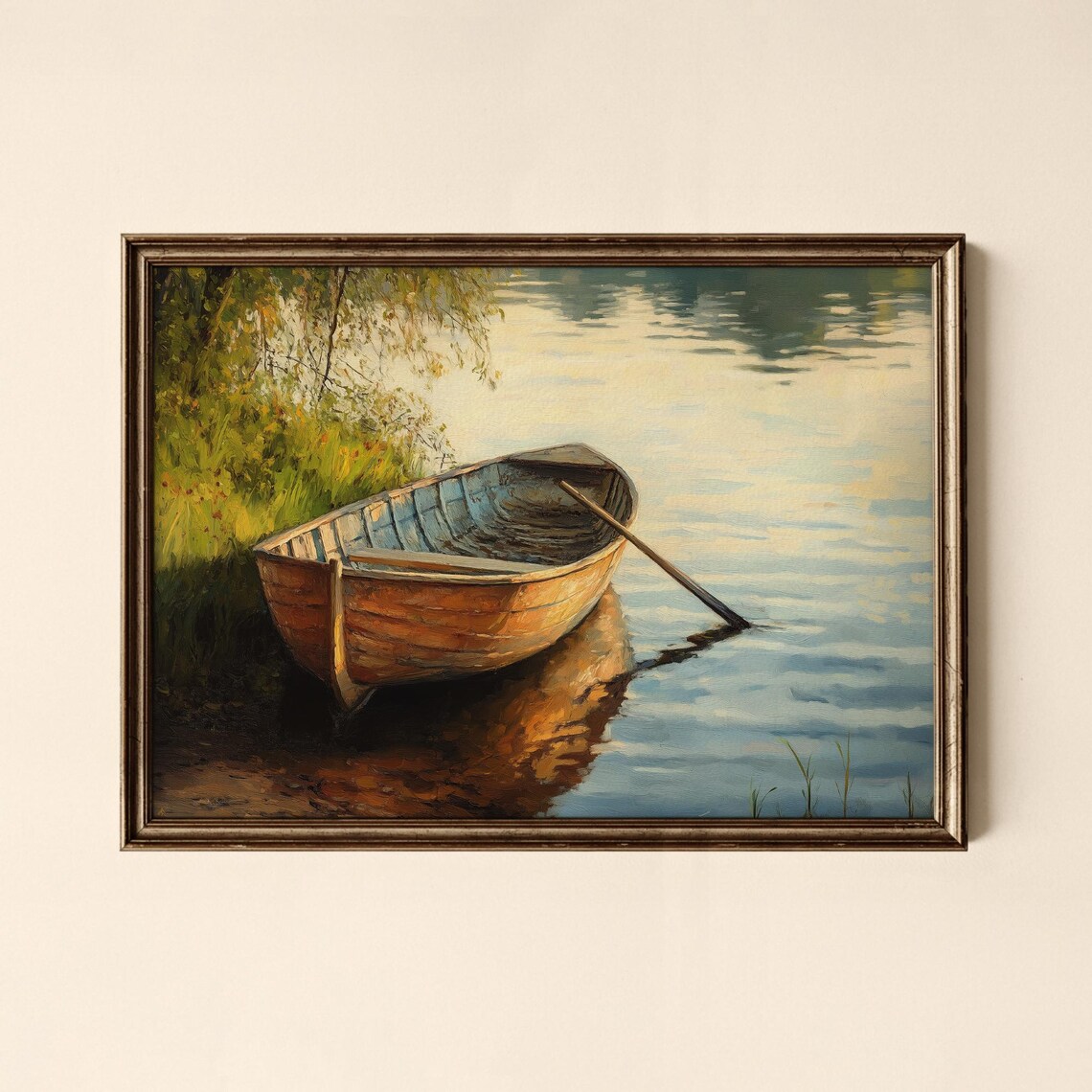 Wooden Rowboat On Calm Lake At Golden Sunset Vintage Style Poster