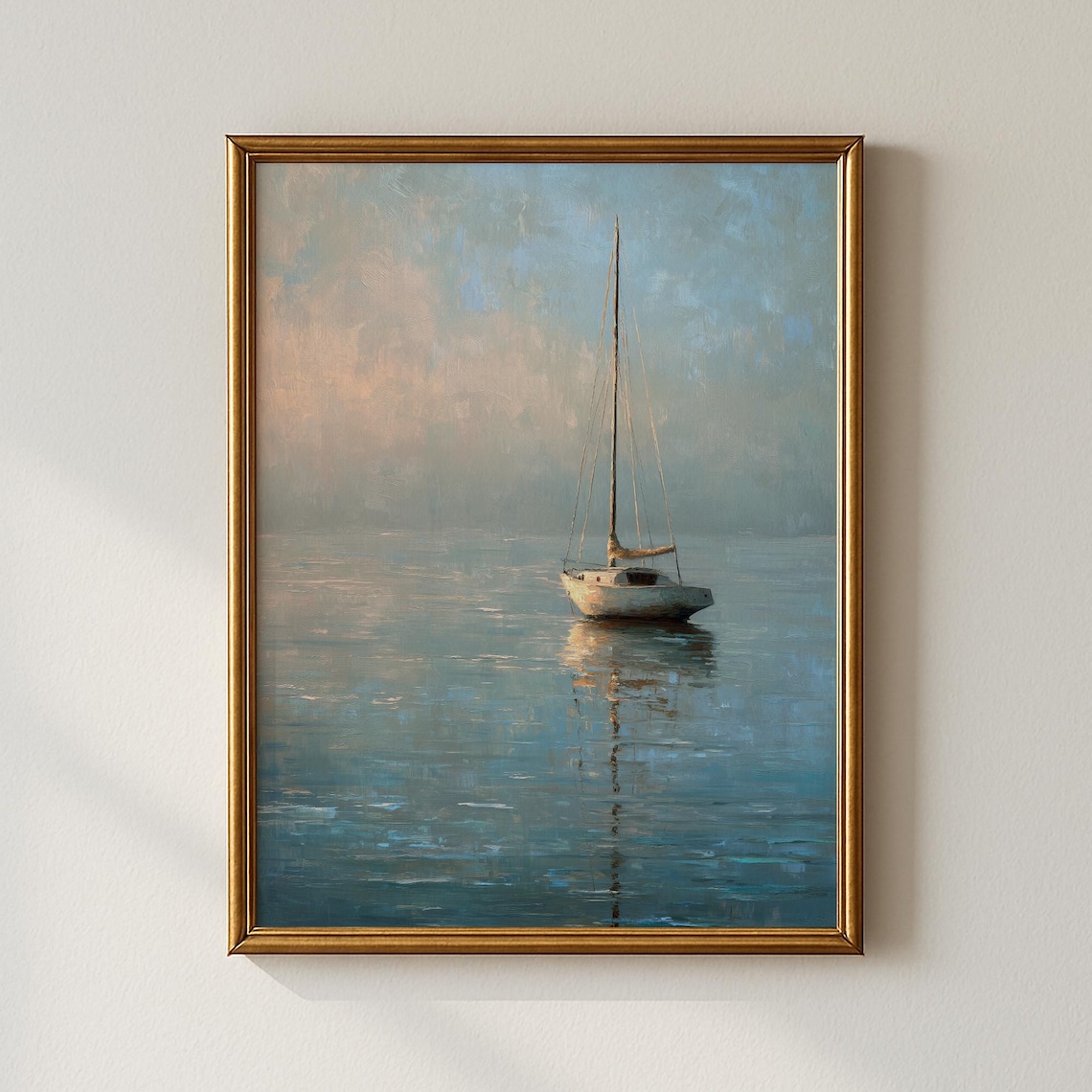 Vintage Sailboat Calm Sea Misty Blue Seascape Painting Wall Art