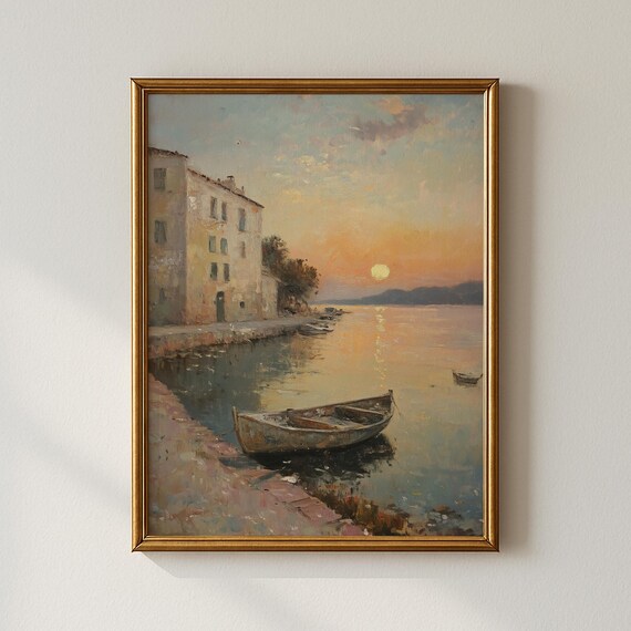 Vintage Coastal Sunset Oil Painting with Boats on Waterfront Poster