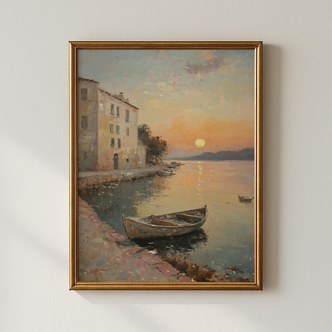 Vintage Coastal Sunset Oil Painting with Boats on Waterfront Poster