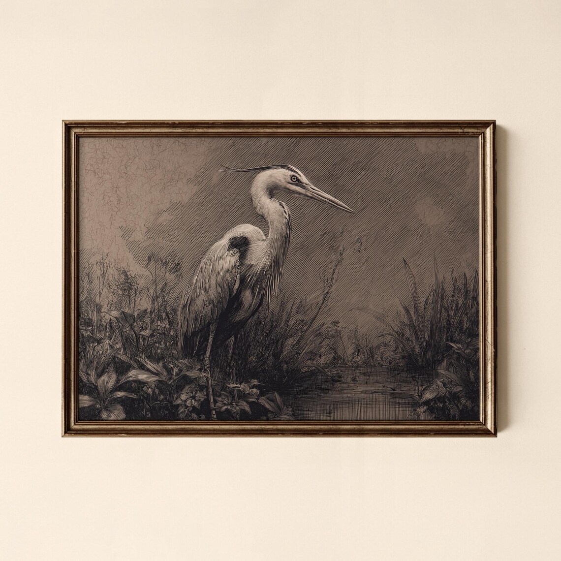 Grey Heron by the Water Sepia Vintage Etching Style Art Print