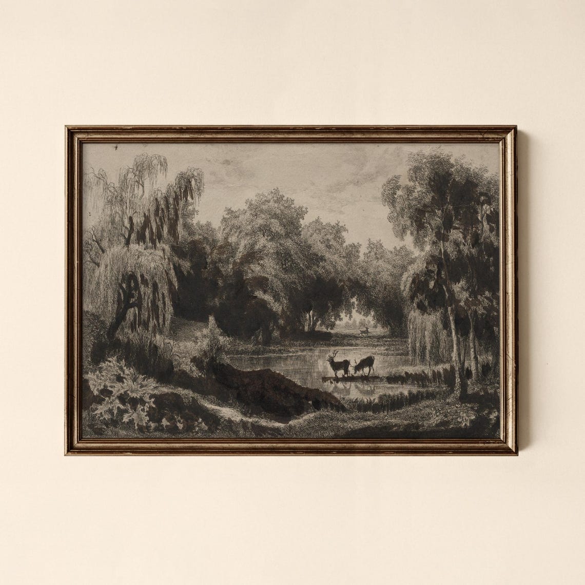 Vintage Lakeside Deer Drinking Willows Woodland Etching Poster
