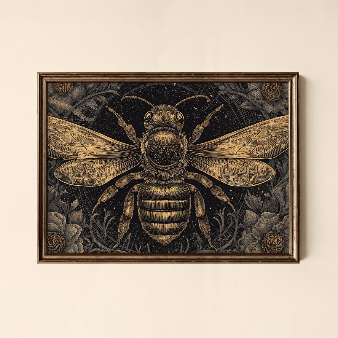 Golden Honeybee on Black Botanical Engraving Insect Art Poster
