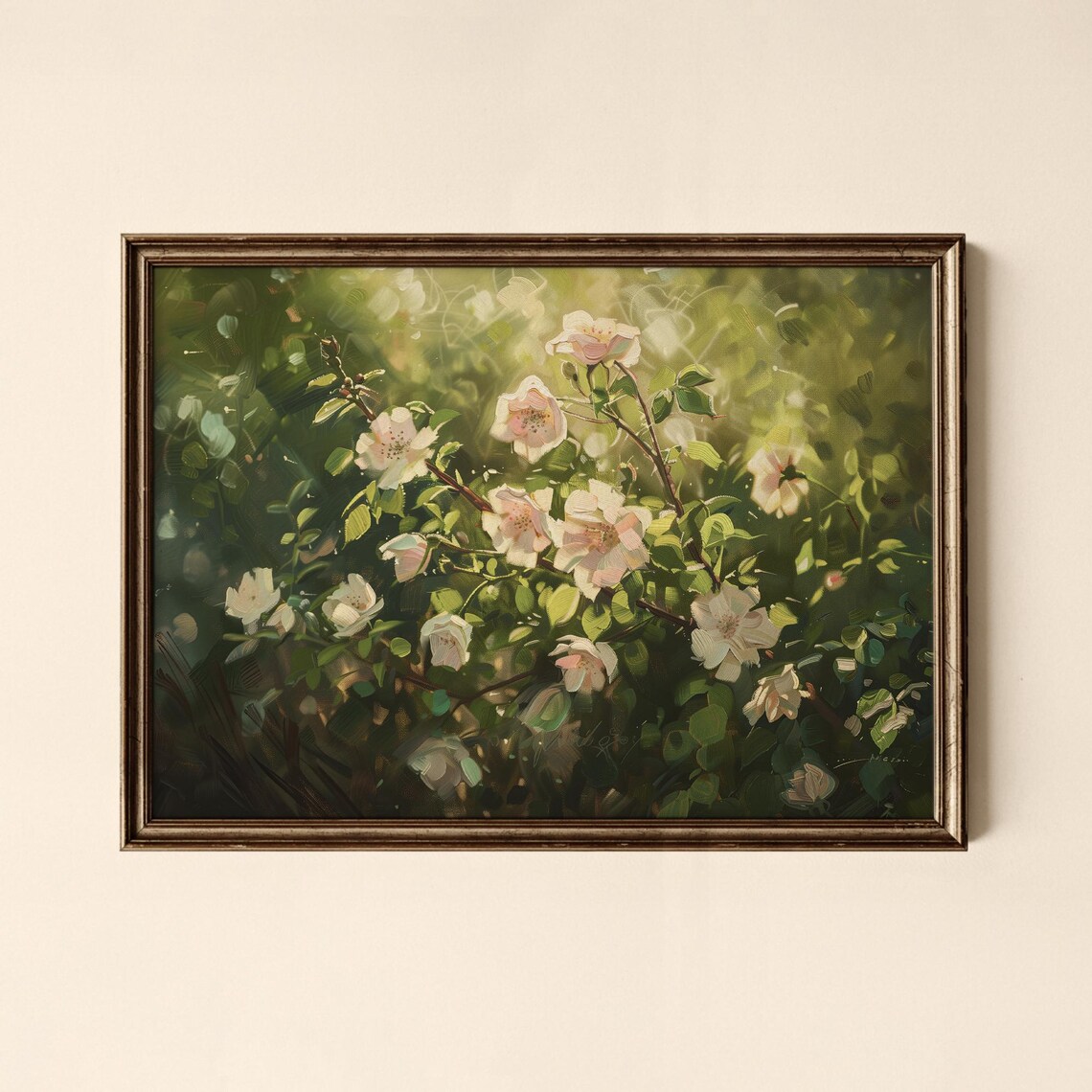 White Blossoms Dappled Sunlight Garden Floral Oil Art Poster