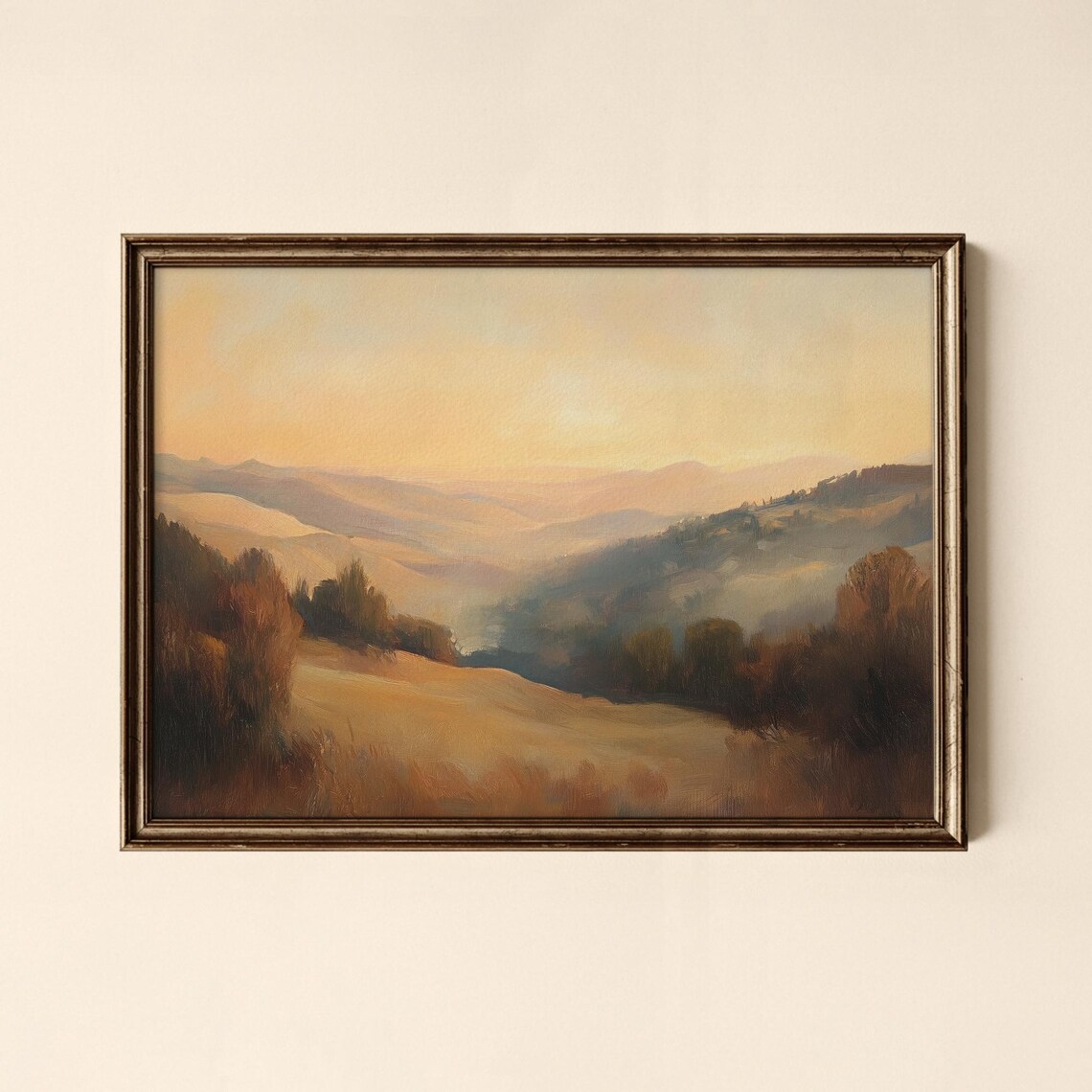 Misty Golden Hills Sunrise Serene Vintage Landscape Art Poster