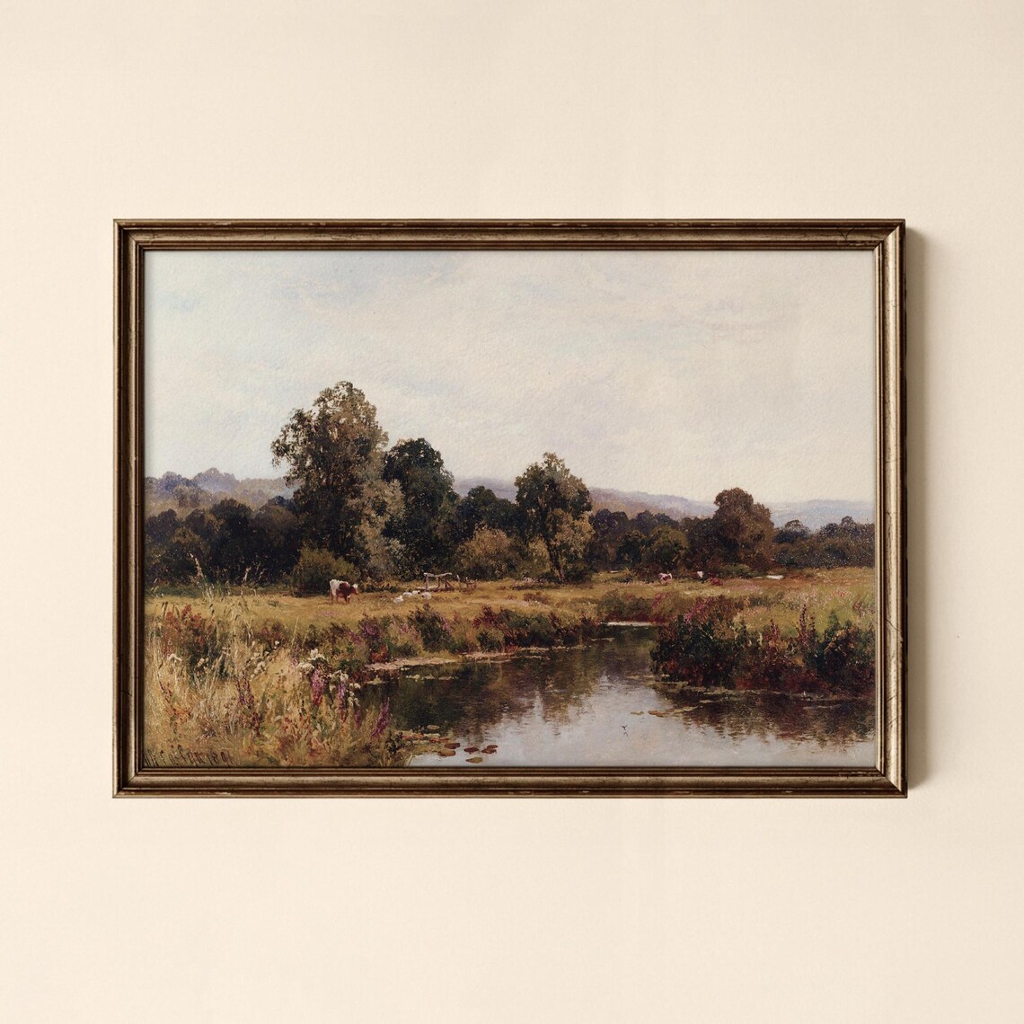 Vintage Pastoral Landscape Cows by River Antique Oil Painting Print