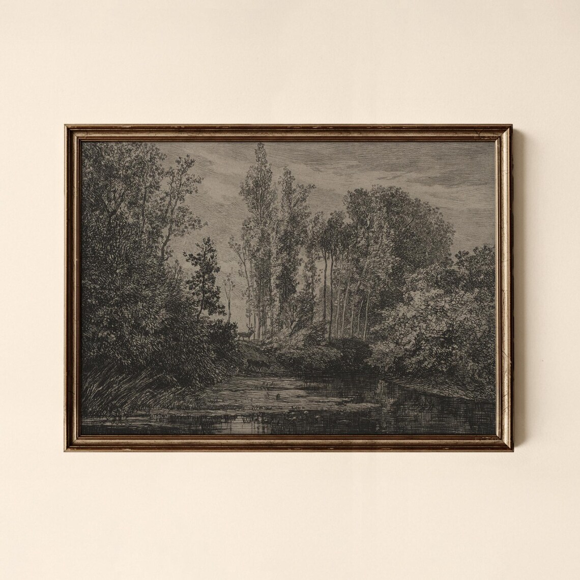 Vintage Forest Creek Deer Dark Woodland Antique Etching Art Poster