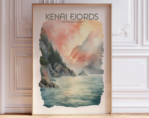 Kenai Fjords National Park Alaska Coast Watercolor Travel Poster
