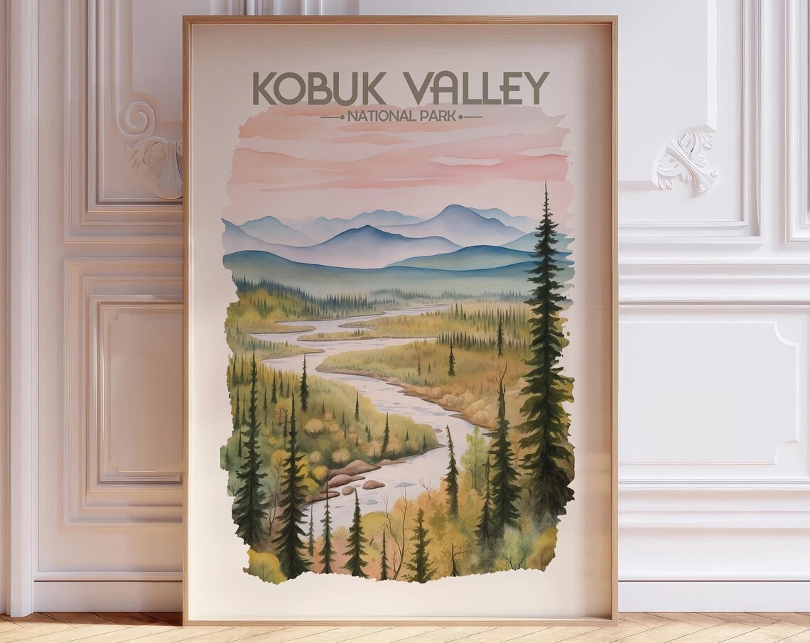 Kobuk Valley Alaska National Park Watercolor River Valley Poster